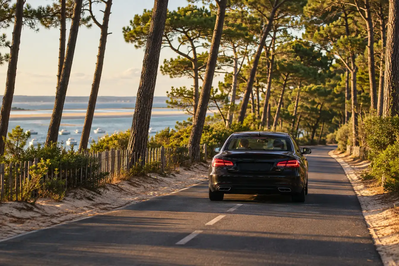 Berline noire sur une route à deux voies bordée de pins maritimes, en fin d'après-midi, sur la presqu'île du Cap Ferret