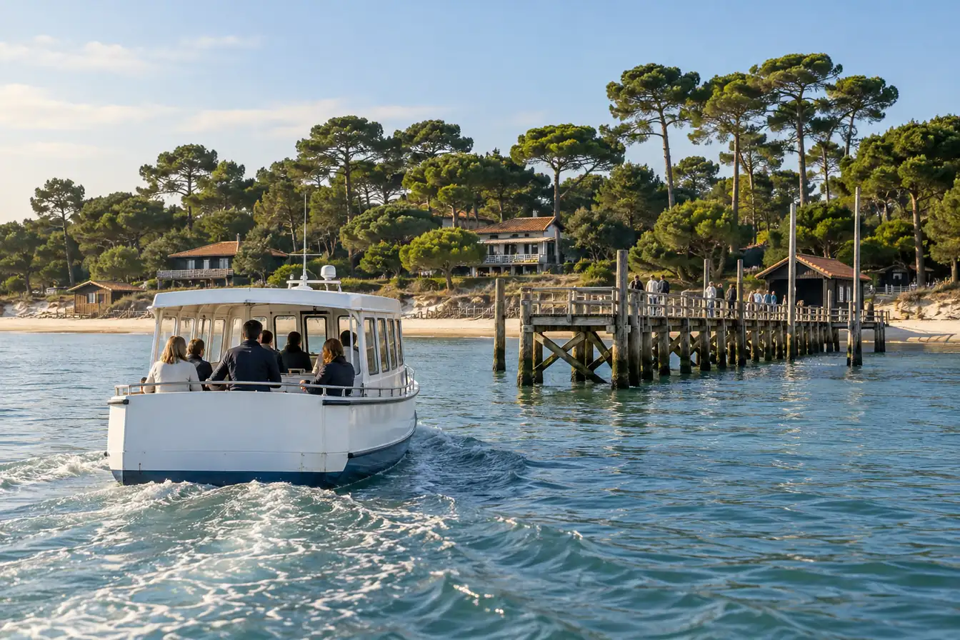 Une navette de passagers traverse le Bassin d'Arcachon vers une jetée en bois du Cap Ferret