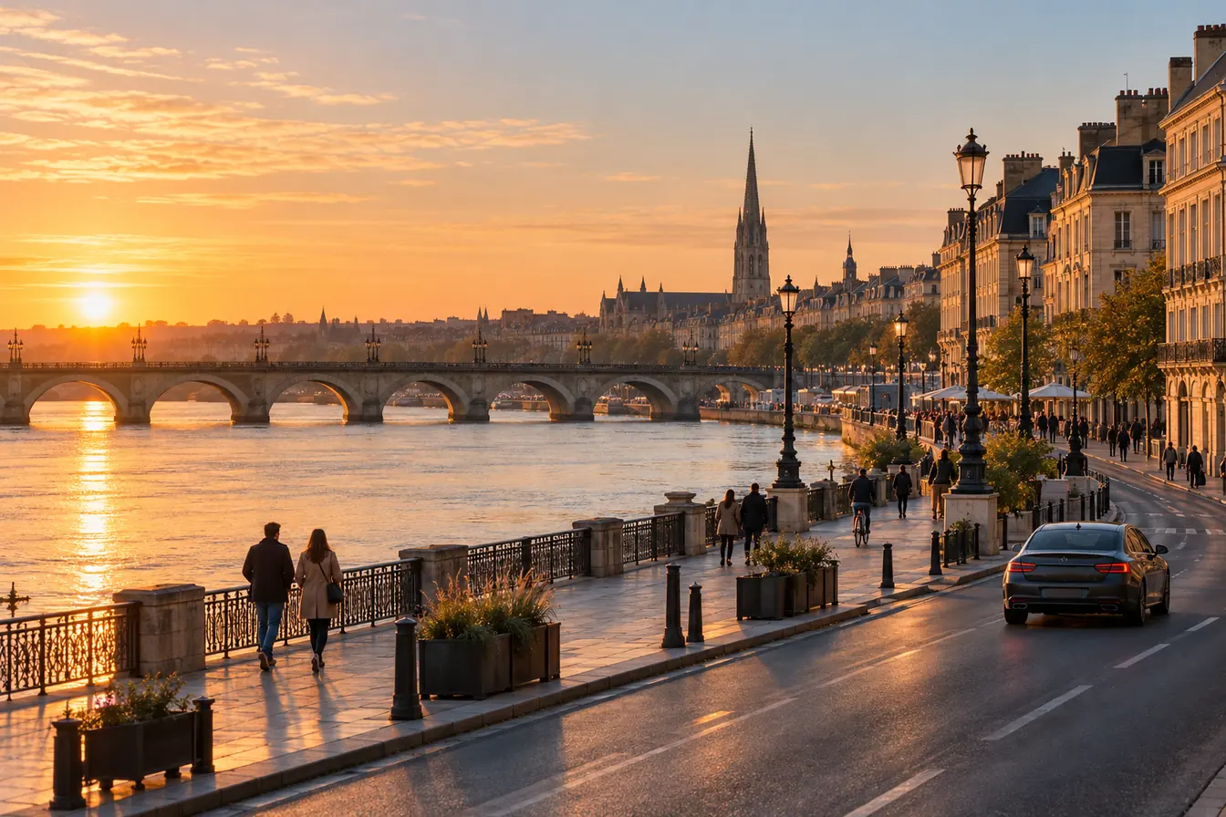 Les quais de Bordeaux et le pont de pierre au lever du soleil, une voiture longe la Garonne