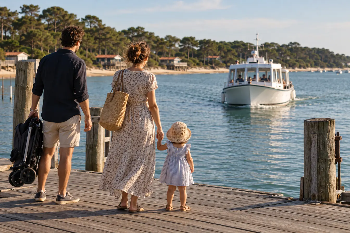 Une famille avec une poussette pliée attend la navette sur une jetée en bois du Bassin d'Arcachon